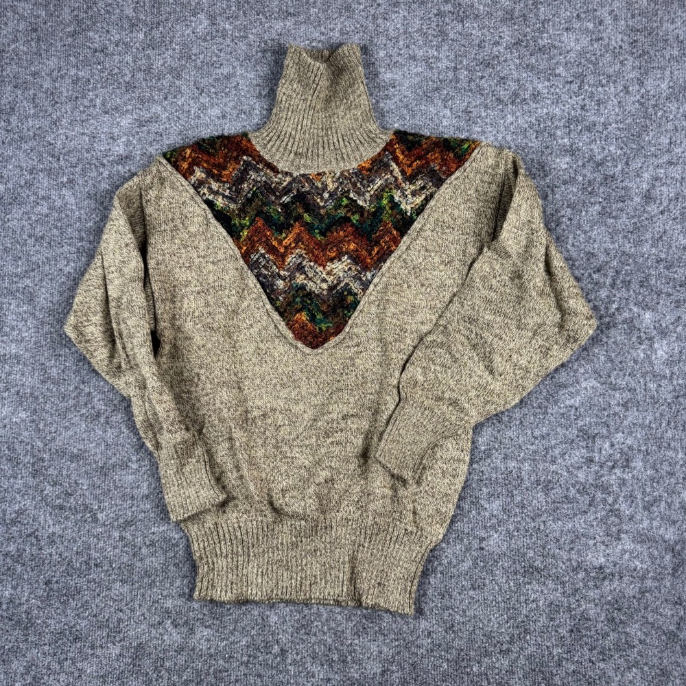 LeRoy Sweater Womens Size M Tan Wool Blend Chevron Knit Vintage Turtleneck